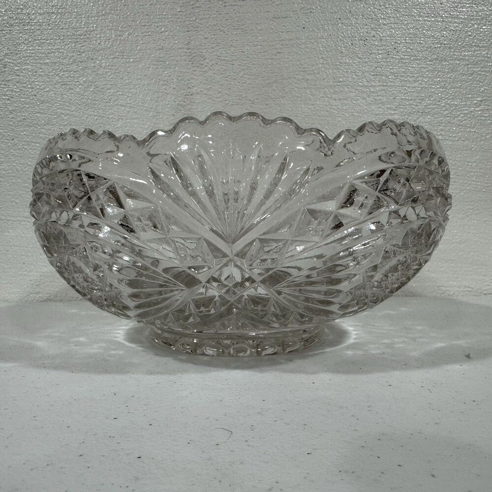 Vintage Heavy Cut Crystal Glass Bowl Sawtooth Edge Starburst Hobstar ABP Style